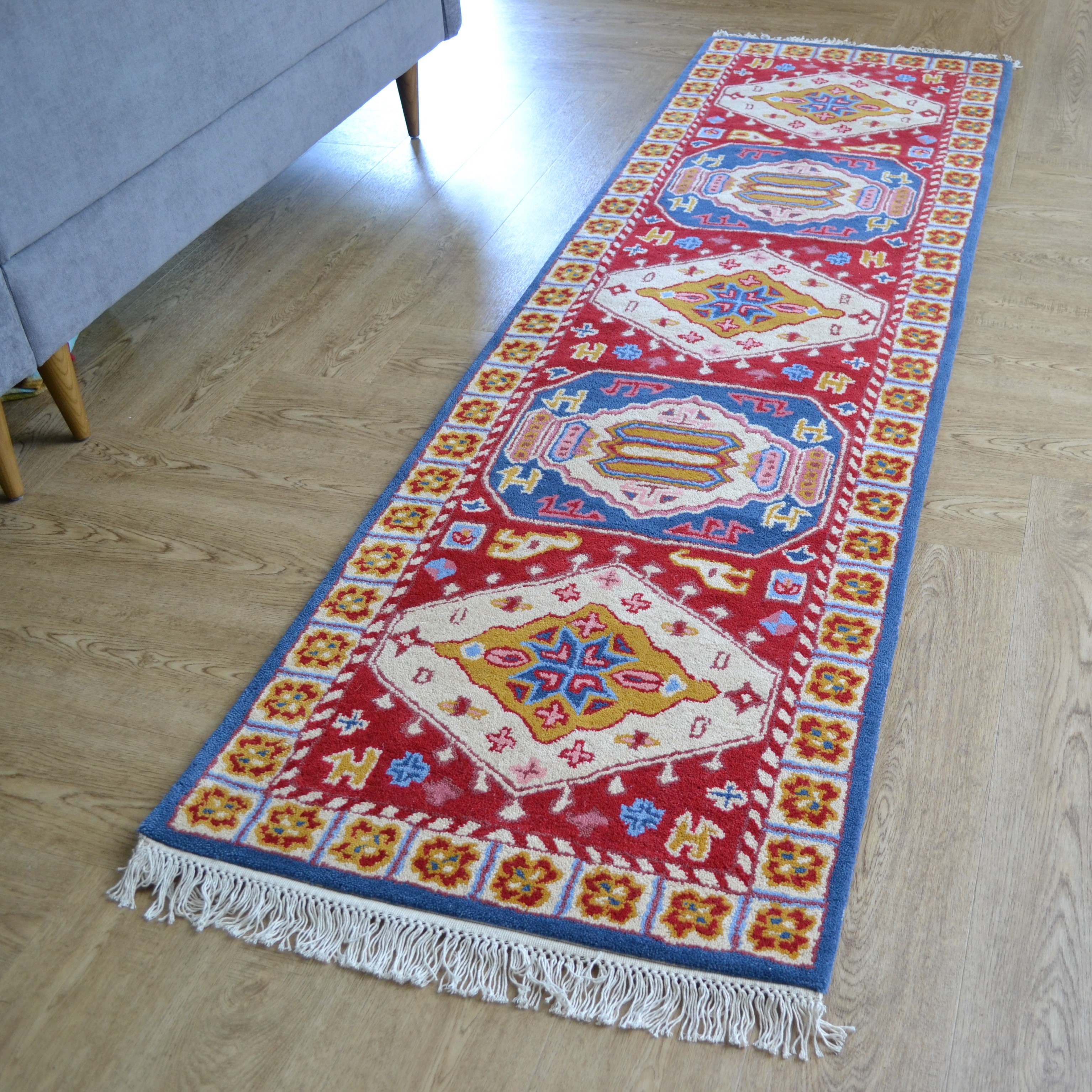 Kabir Diamond Traditional Kazak Runner Rug In Red Blue